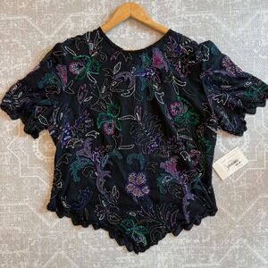 Laurence Kazar Black Beaded Floral Blouse Top Short Sleeve Sequins Evening